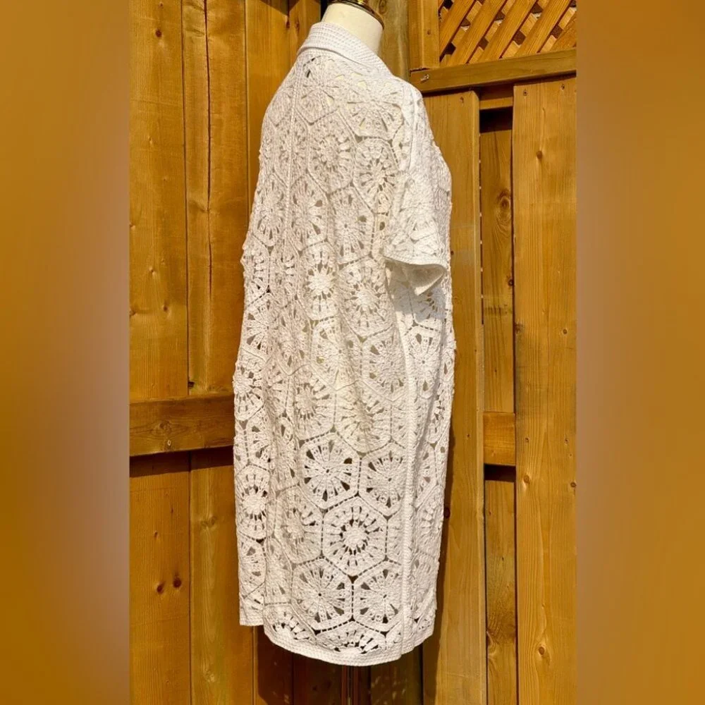 🆕 FARM Rio 🧿 NWOT White Semisheer Floral Button-Up Crochet Cover-Up Dress, L - Picture 8 of 15